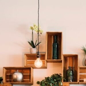 Contemporary wooden shelves with plants and decor, illuminated by hanging lights.